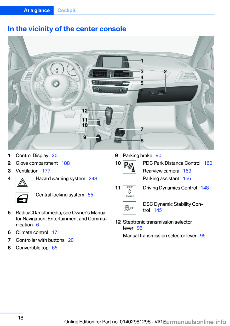BMW 2 SERIES CONVERTIBLE 2018  Owners Manual �I�n��t�h�e��v�i�c�i�n�i�t�y��o�f��t�h�e��c�e�n�t�e�r��c�o�n�s�o�l�e�1�C�o�n�t�r�o�l� �D�i�s�p�l�a�y\_�2�0�2�G�l�o�v�e� �c�o�m�p�a�r�t�m�e�n�t\_ �1�8�8�3�V�e�n�t�i�l�a�t�i�o�n\_�1�7�7�4�H�