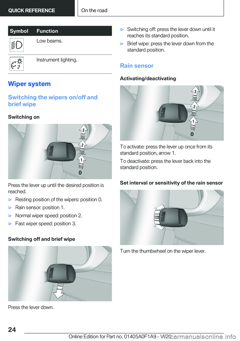 BMW 2 SERIES COUPE 2021  Owners Manual �S�y�m�b�o�l�F�u�n�c�t�i�o�n�L�o�w��b�e�a�m�s�.�I�n�s�t�r�u�m�e�n�t��l�i�g�h�t�i�n�g�.
�W�i�p�e�r��s�y�s�t�e�m
�S�w�i�t�c�h�i�n�g��t�h�e��w�i�p�e�r�s��o�n�/�o�f�f��a�n�d
�b�r�i�e�f��w�i�p�e
�S