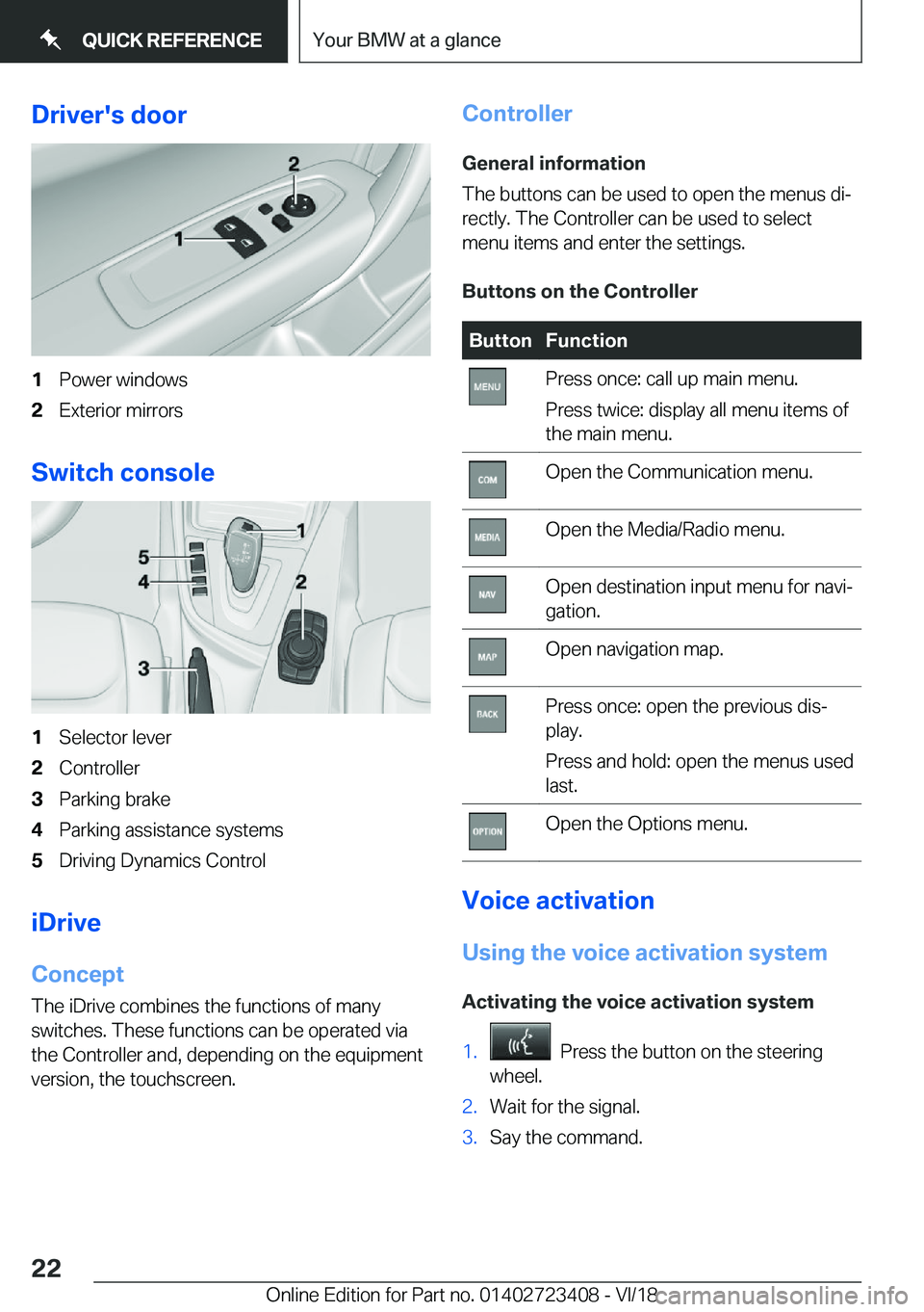 BMW 2 SERIES COUPE 2019  Owners Manual �D�r�i�v�e�r�'�s��d�o�o�r�1�P�o�w�e�r��w�i�n�d�o�w�s�2�E�x�t�e�r�i�o�r��m�i�r�r�o�r�s
�S�w�i�t�c�h��c�o�n�s�o�l�e
�1�S�e�l�e�c�t�o�r��l�e�v�e�r�2�C�o�n�t�r�o�l�l�e�r�3�P�a�r�k�i�n�g��b�r�a�k