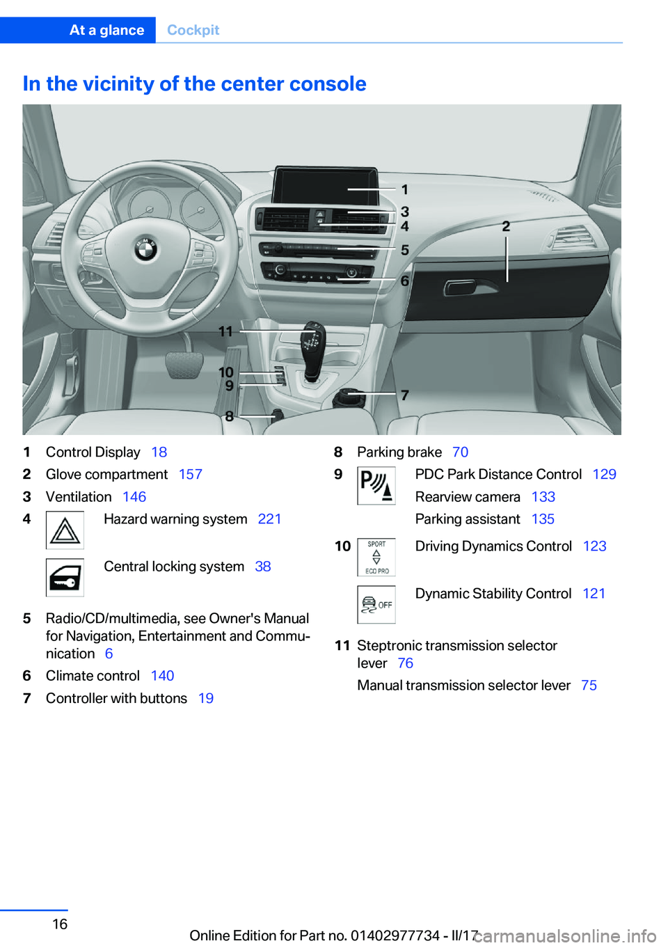 BMW 2 SERIES COUPE 2017  Owners Manual �I�n��t�h�e��v�i�c�i�n�i�t�y��o�f��t�h�e��c�e�n�t�e�r��c�o�n�s�o�l�e�1�C�o�n�t�r�o�l� �D�i�s�p�l�a�y\_�1�8�2�G�l�o�v�e� �c�o�m�p�a�r�t�m�e�n�t\_ �1�5�7�3�V�e�n�t�i�l�a�t�i�o�n\_�1�4�6�4�H�