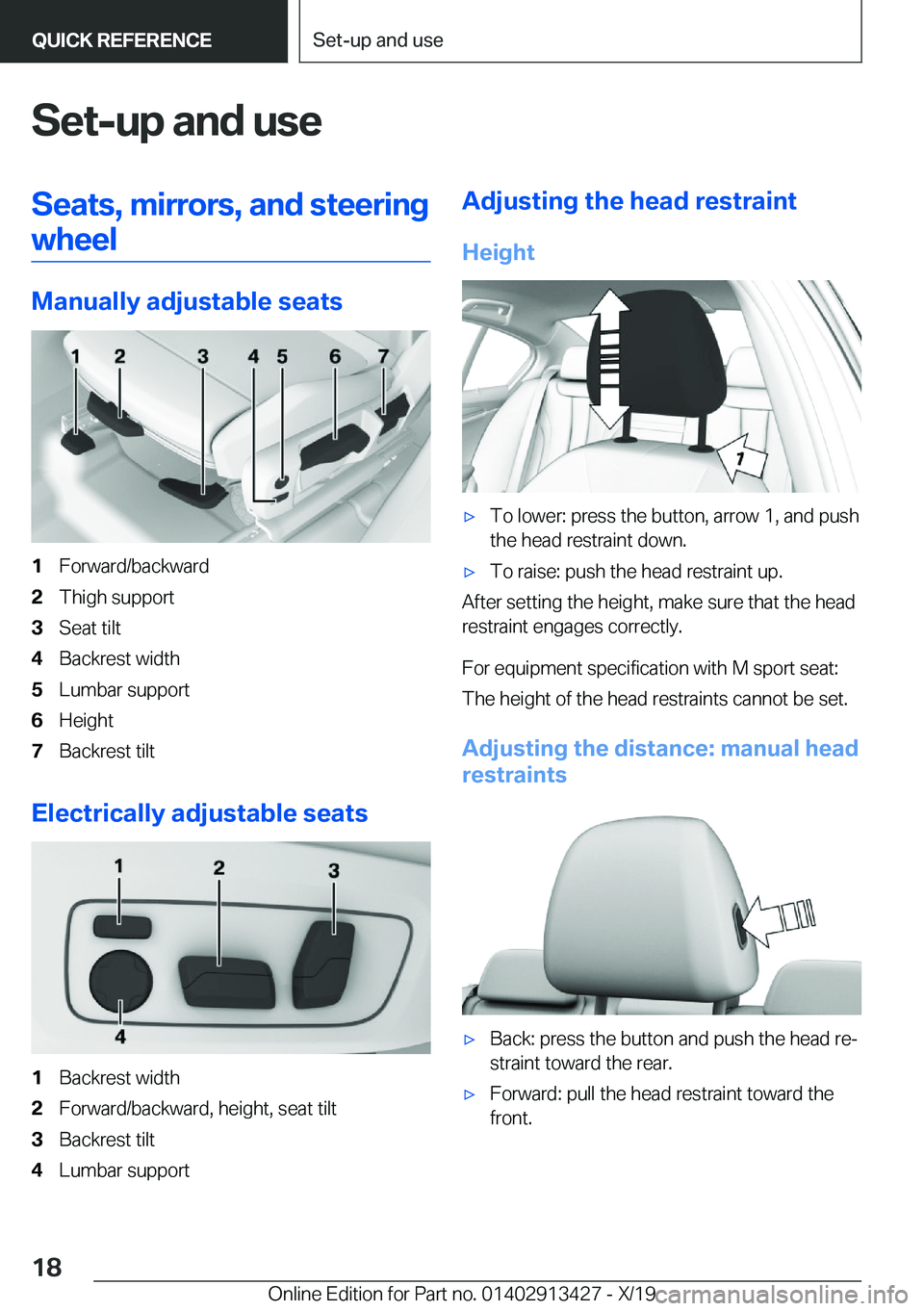 BMW 3 SERIES 2020  Owners Manual �S�e�t�-�u�p��a�n�d��u�s�e�S�e�a�t�s�,��m�i�r�r�o�r�s�,��a�n�d��s�t�e�e�r�i�n�g�w�h�e�e�l
�M�a�n�u�a�l�l�y��a�d�j�u�s�t�a�b�l�e��s�e�a�t�s
�1�F�o�r�w�a�r�d�/�b�a�c�k�w�a�r�d�2�T�h�i�g�h��s�u�p
