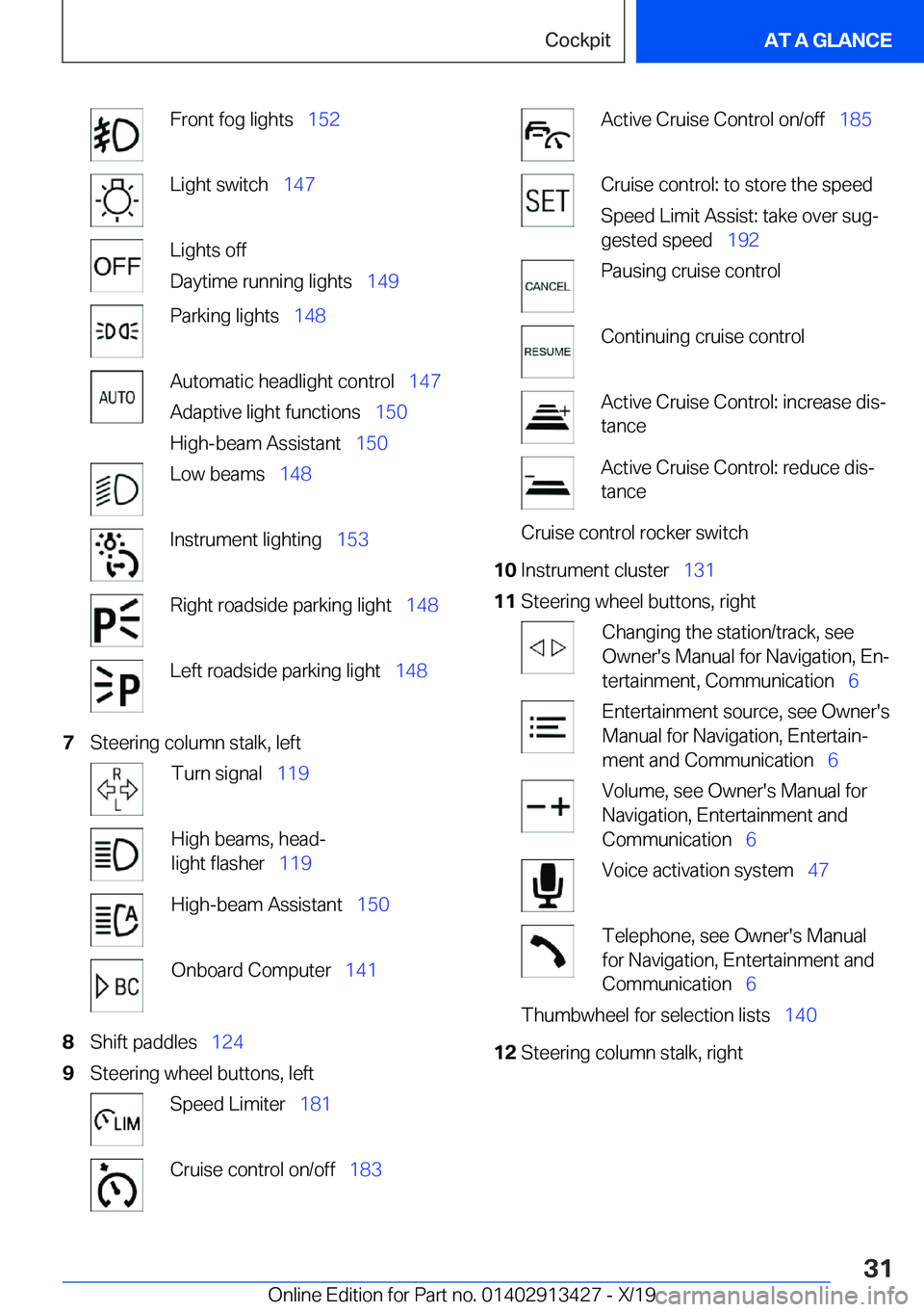 BMW 3 SERIES 2020  Owners Manual �F�r�o�n�t��f�o�g��l�i�g�h�t�s#\#_�1�5�2�L�i�g�h�t��s�w�i�t�c�h#\#_�1�4�7�L�i�g�h�t�s��o�f�f
�D�a�y�t�i�m�e��r�u�n�n�i�n�g��l�i�g�h�t�s#\#_ �1�4�9�P�a�r�k�i�n�g��l�i�g�h�t�s#\#_�1�4�8�A�u�t�o�m