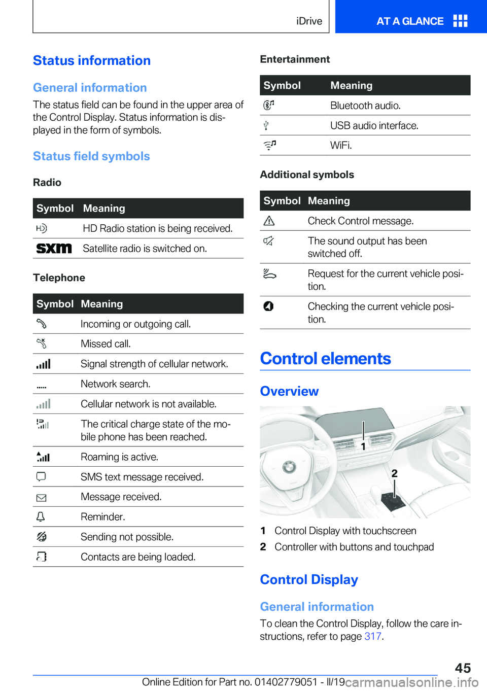 BMW 3 SERIES 2019  Owners Manual �S�t�a�t�u�s��i�n�f�o�r�m�a�t�i�o�n�G�e�n�e�r�a�l��i�n�f�o�r�m�a�t�i�o�n
�T�h�e��s�t�a�t�u�s��f�i�e�l�d��c�a�n��b�e��f�o�u�n�d��i�n��t�h�e��u�p�p�e�r��a�r�e�a��o�f
�t�h�e��C�o�n�t�r�o�l�