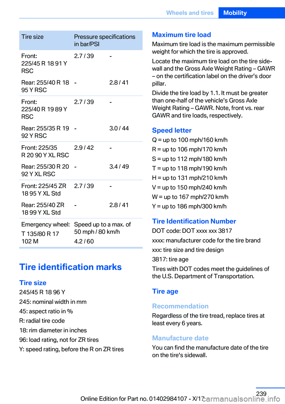 BMW 3 SERIES 2018  Owners Manual �T�i�r�e� �s�i�z�e�P�r�e�s�s�u�r�e� �s�p�e�c�i�f�i�c�a�t�i�o�n�s
�i�n� �b�a�r�/�P�S�I�F�r�o�n�t�:
�2�2�5�/�4�5� �R� �1�8� �9�1� �Y
�R�S�C�2�.�7� �/� �3�9�-�R�e�a�r�:� �2�5�5�/�4�0� �R� �1�8
�9�5� �Y� 