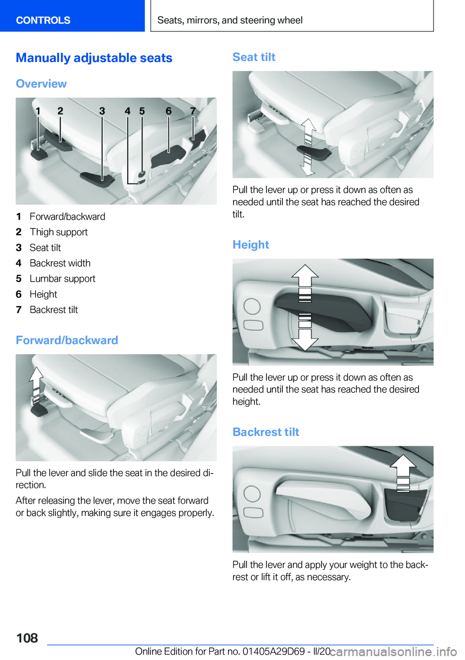 BMW 3 SERIES SEDAN PLUG-IN HYBRID 2021  Owners Manual �M�a�n�u�a�l�l�y��a�d�j�u�s�t�a�b�l�e��s�e�a�t�s
�O�v�e�r�v�i�e�w
�1�F�o�r�w�a�r�d�/�b�a�c�k�w�a�r�d�2�T�h�i�g�h��s�u�p�p�o�r�t�3�S�e�a�t��t�i�l�t�4�B�a�c�k�r�e�s�t��w�i�d�t�h�5�L�u�m�b�a�r��s�u
