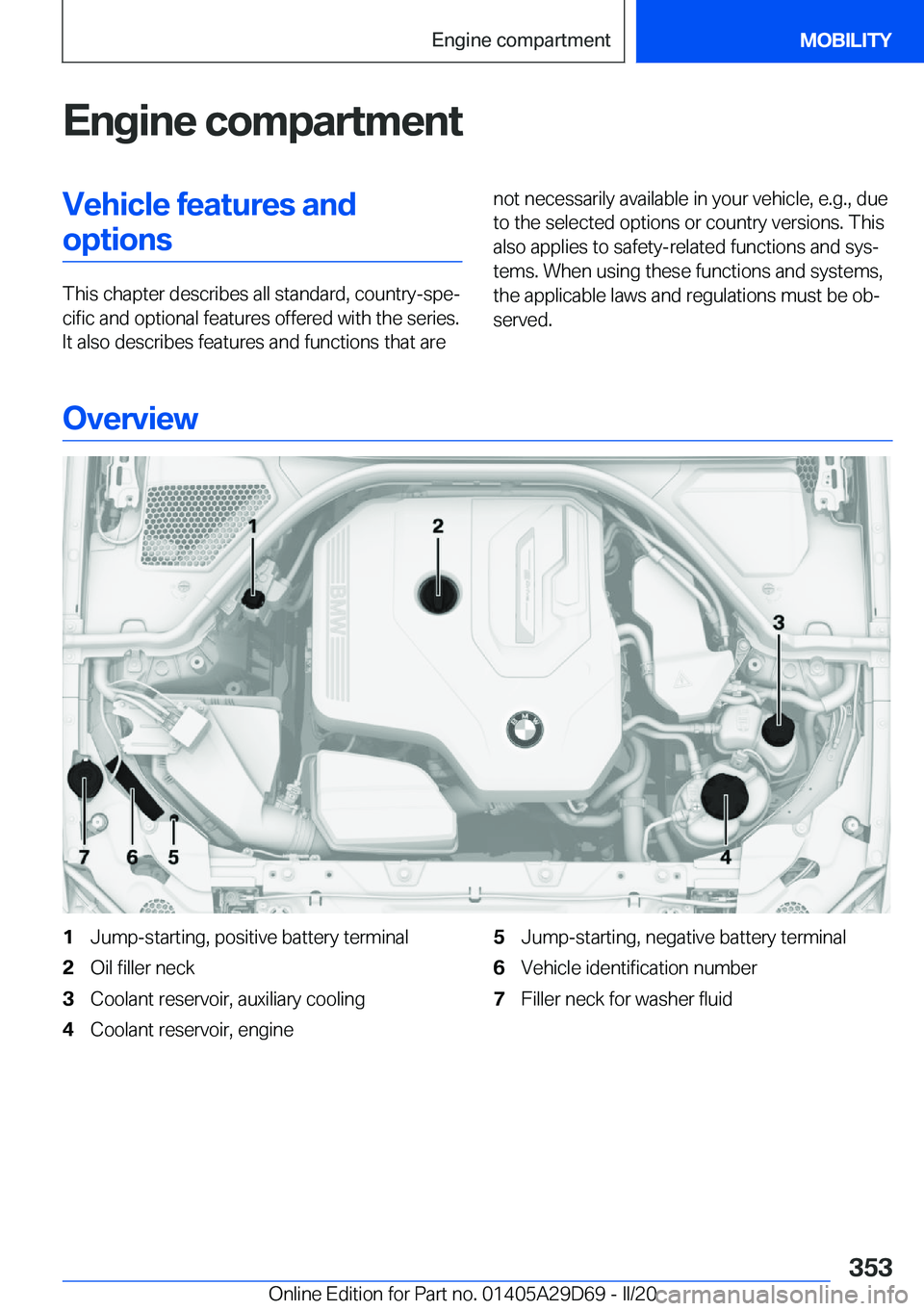 BMW 3 SERIES SEDAN PLUG-IN HYBRID 2021  Owners Manual �E�n�g�i�n�e��c�o�m�p�a�r�t�m�e�n�t�V�e�h�i�c�l�e��f�e�a�t�u�r�e�s��a�n�d
�o�p�t�i�o�n�s
�T�h�i�s��c�h�a�p�t�e�r��d�e�s�c�r�i�b�e�s��a�l�l��s�t�a�n�d�a�r�d�,��c�o�u�n�t�r�y�-�s�p�e#j
�c�i�f�i�