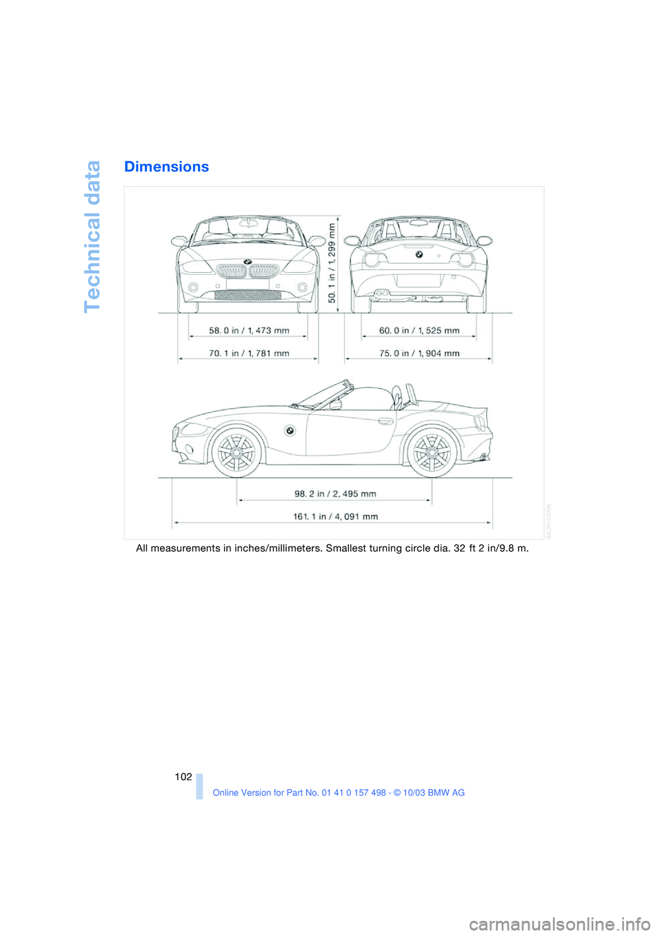 BMW 3.0i ROADSTER&COUPE 2004  Owners Manual Technical data
102
Dimensions 
All measurements in inches/millimeters. Smallest turning circle dia. 32  ft 2 in/9.8 m. 