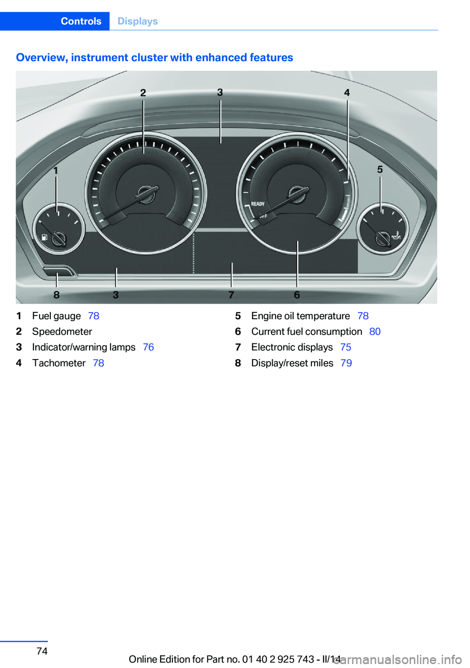 BMW 320I SEDAN 2014  Owners Manual Overview, instrument cluster with enhanced features1Fuel gauge  782Speedometer3Indicator/warning lamps   764Tachometer  785Engine oil temperature   786Current fuel consumption   80