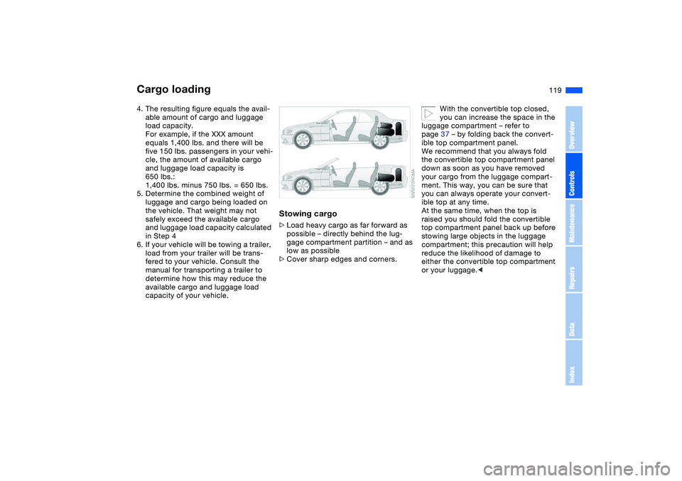 BMW 325CI 2004  Owners Manual 119
4. The resulting figure equals the avail-
able amount of cargo and luggage 
load capacity.
For example, if the XXX amount 
equals 1,400 lbs. and there will be 
five 150 lbs. passengers in your veh
