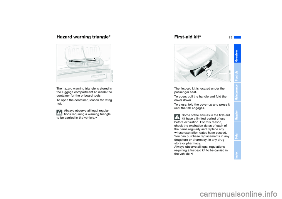 BMW 325CI 2004  Owners Manual 23
Hazard warning triangle*The hazard warning triangle is stored in 
the luggage compartment lid inside the 
container for the onboard tools.
To open the container, loosen the wing 
nut.
Always observ
