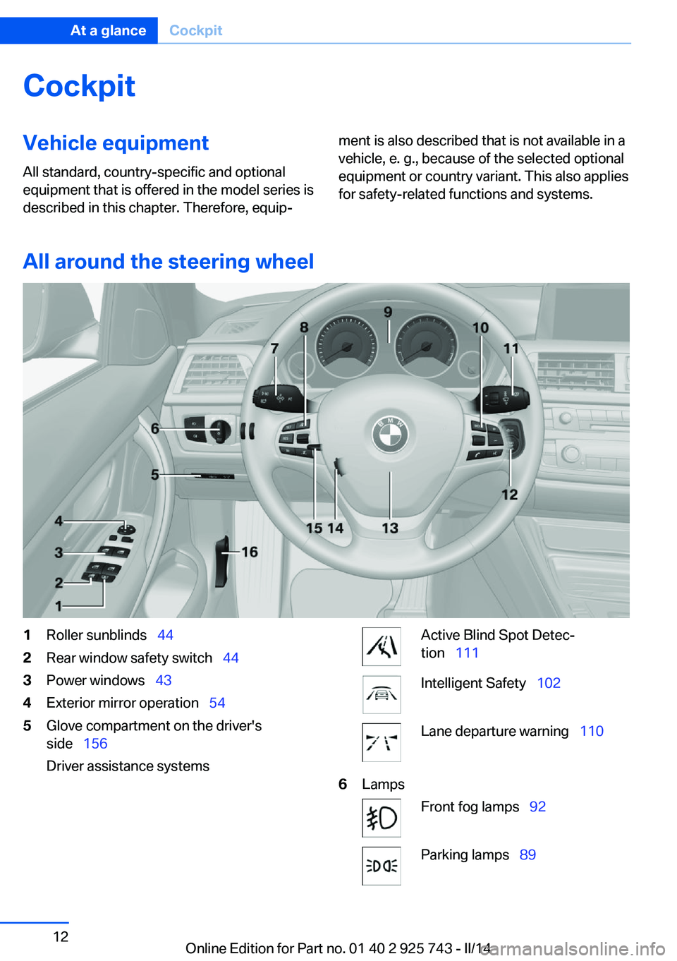 BMW 328I 2014  Owners Manual CockpitVehicle equipment
All standard, country-specific and optional
equipment that is offered in the model series is
described in this chapter. Therefore, equip‐ment is also described that is not a