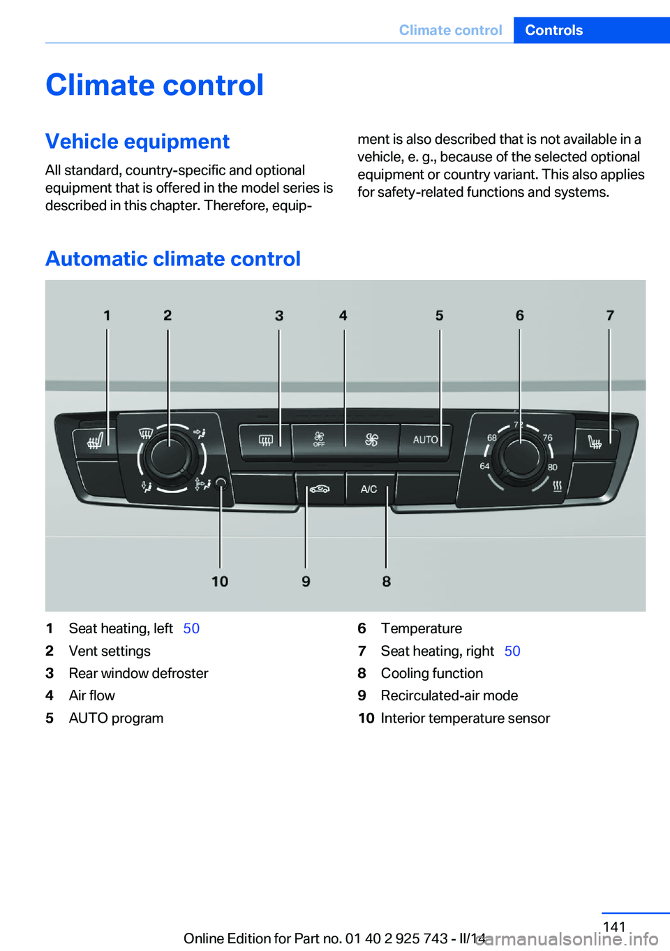 BMW 328I 2014  Owners Manual Climate controlVehicle equipment
All standard, country-specific and optional
equipment that is offered in the model series is
described in this chapter. Therefore, equip‐ment is also described that 