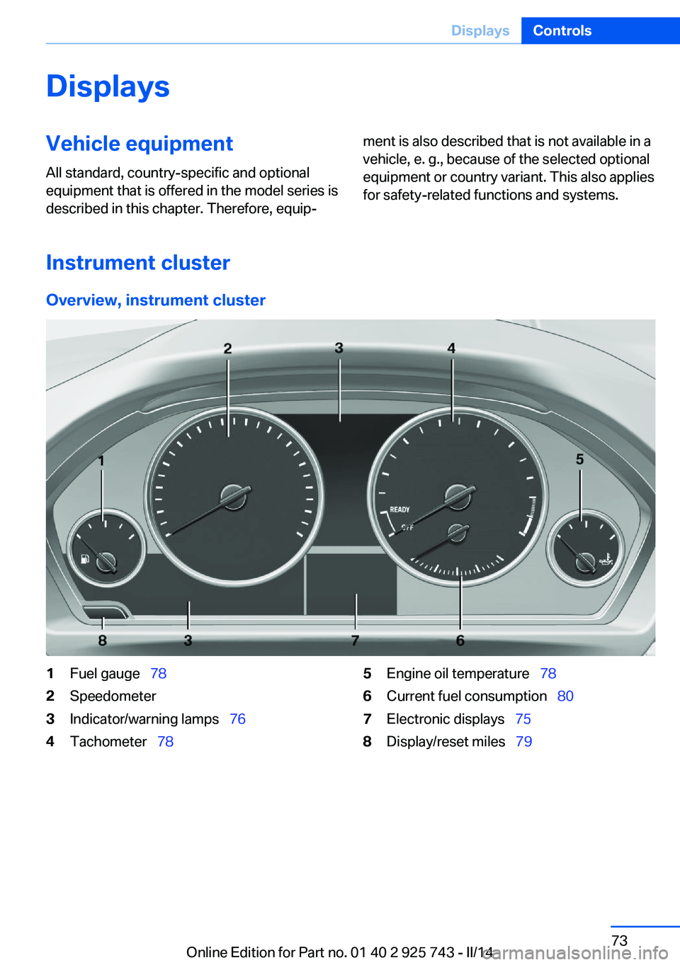 BMW 328I 2014  Owners Manual DisplaysVehicle equipmentAll standard, country-specific and optional
equipment that is offered in the model series is
described in this chapter. Therefore, equip‐ment is also described that is not a