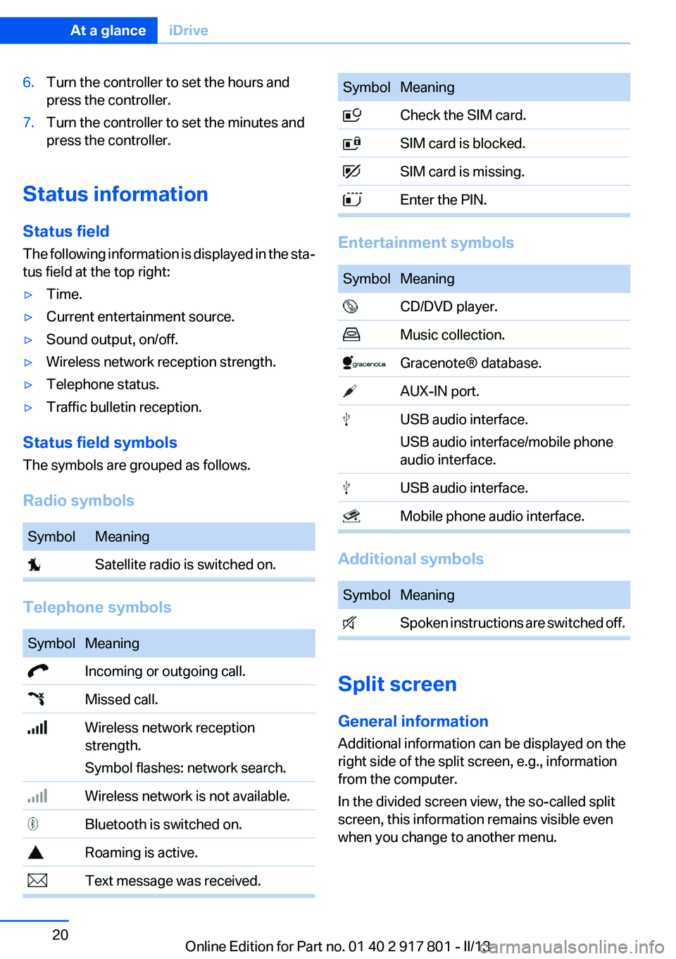 BMW 328I 2013 Owners Manual 6.Turn the controller to set the hours and
press the controller.7.Turn the controller to set the minutes and
press the controller.
Status information
Status field
The following information is displaye BMW 328I 2013 Owners Manual 6.Turn the controller to set the hours and
press the controller.7.Turn the controller to set the minutes and
press the controller.
Status information
Status field
The following information is displaye