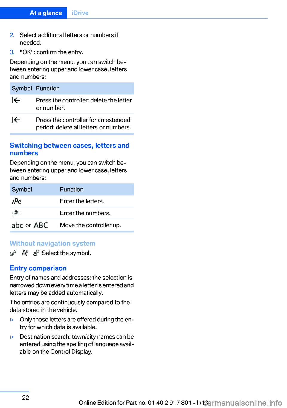 BMW 328I 2013 Owners Manual 2.Select additional letters or numbers if
needed.3."OK": confirm the entry.
Depending on the menu, you can switch be‐
tween entering upper and lower case, letters
and numbers:
SymbolFunction BMW 328I 2013 Owners Manual 2.Select additional letters or numbers if
needed.3."OK": confirm the entry.
Depending on the menu, you can switch be‐
tween entering upper and lower case, letters
and numbers:
SymbolFunction