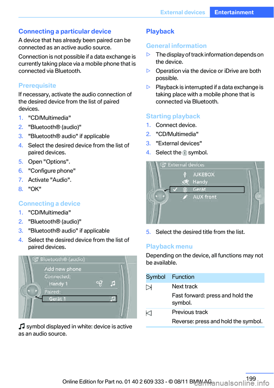 BMW 328I COUPE 2012  Owners Manual 199
External devices
Entertainment
Connecting a particular device
A device that has already been paired can be 
connected as an active audio source.
Connection is not possible 
if a data exchange is 

