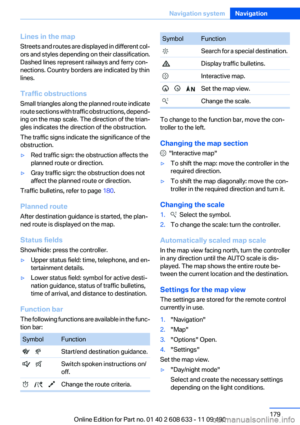 BMW 328I SEDAN 2012  Owners Manual Lines in the map
Streets and routes are displayed in different col‐
ors and styles depending on their classification.
Dashed lines represent railways and ferry con‐
nections. Country borders are i
