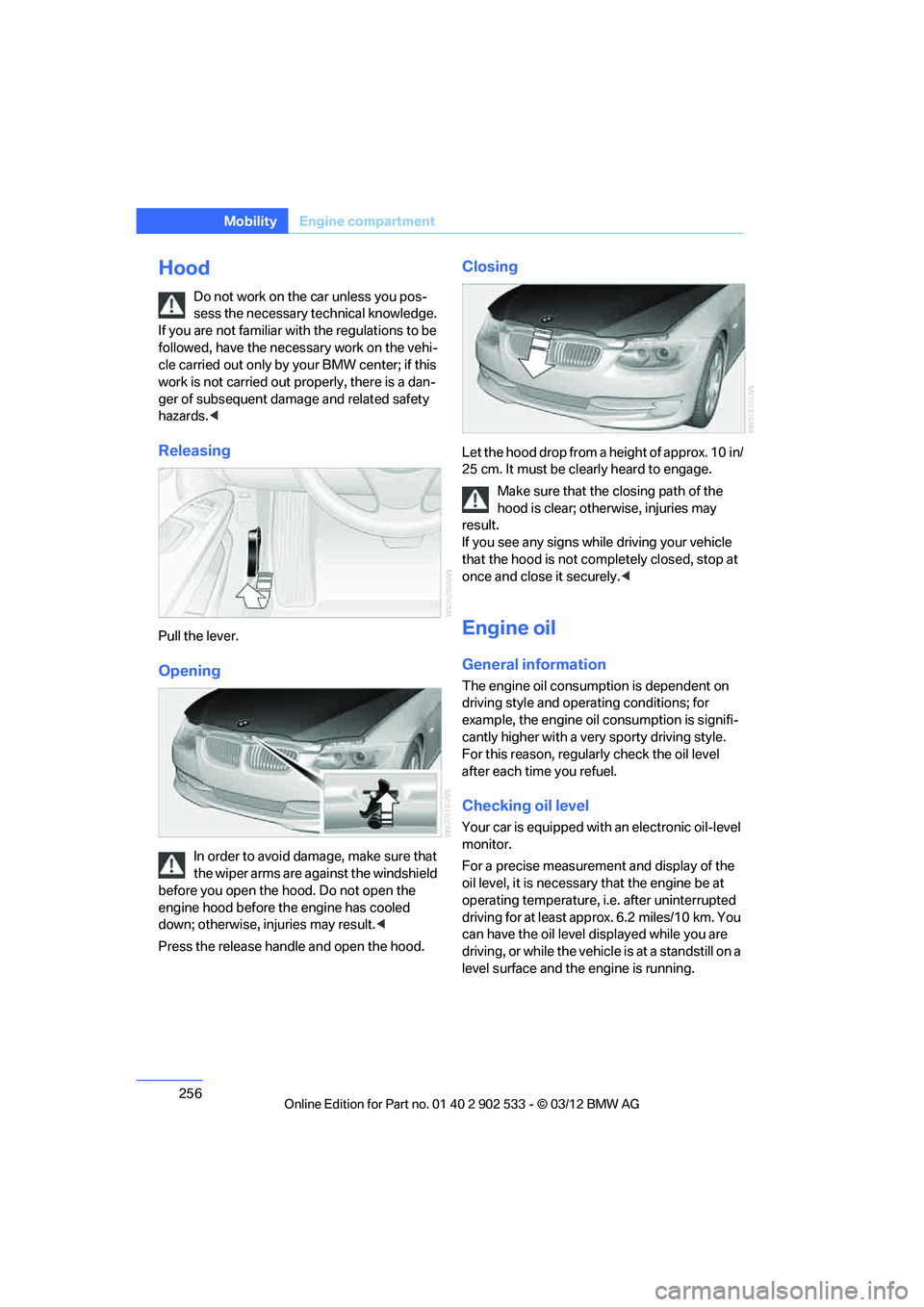 BMW 328I XDRIVE COUPE 2013 Owners Manual 256
MobilityEngine compartment
Hood
Do not work on the car unless you pos-
sess the necessary technical knowledge.
If you are not familiar with the regulations to be
followed, have the necessary wor BMW 328I XDRIVE COUPE 2013 Owners Manual 256
MobilityEngine compartment
Hood
Do not work on the car unless you pos-
sess the necessary technical knowledge.
If you are not familiar with the regulations to be
followed, have the necessary wor