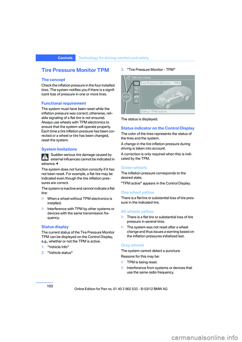 BMW 335I CONVERTIBLE 2013  Owners Manual 100
ControlsTechnology for driving comfort and safety
Tire Pressure Monitor TPM
The concept
Check the inflation pressure in the four installed 
tires. The system notifies you if there is a signif-
ica