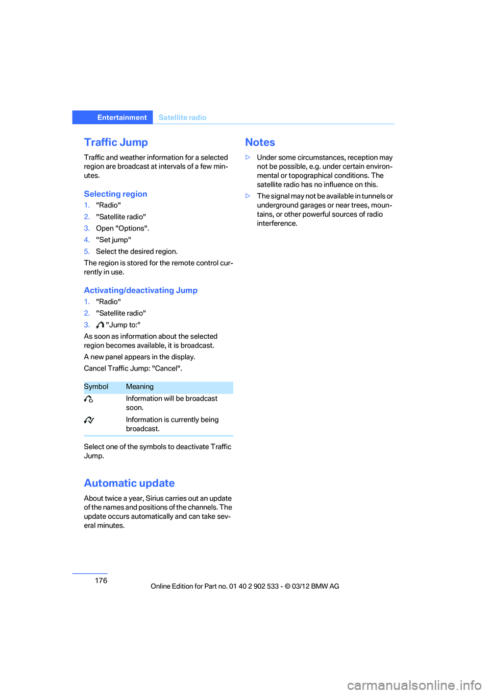 BMW 335I CONVERTIBLE 2013  Owners Manual 176
EntertainmentSatellite radio
Traffic Jump
Traffic and weather information for a selected 
region are broadcast at intervals of a few min-
utes.
Selecting region
1."Radio"
2. "Satellite radio"
3. O