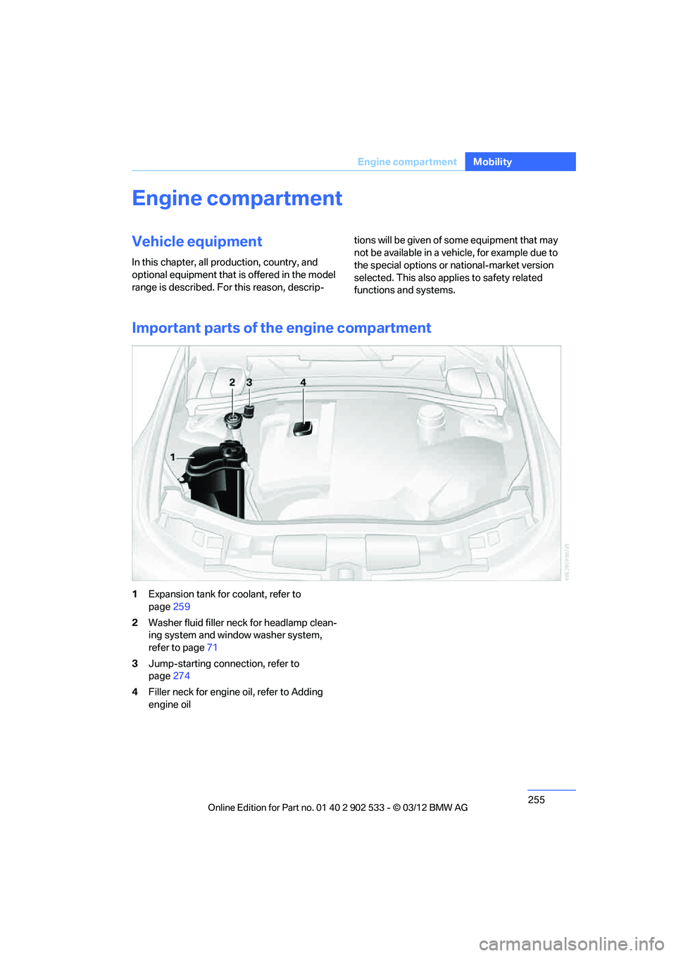 BMW 335I CONVERTIBLE 2013  Owners Manual 255
Engine compartment
Mobility
Engine compartment
Vehicle equipment
In this chapter, all production, country, and 
optional equipment that is offered in the model 
range is described. For this reason