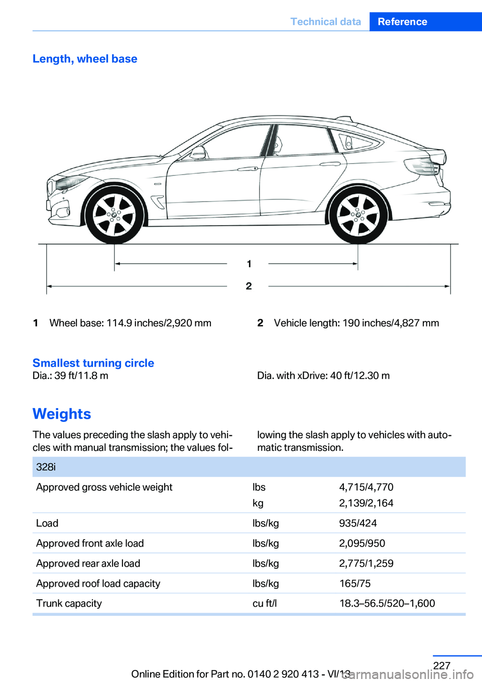 BMW 335I XDRIVE GRAN TURISMO 2014  Owners Manual Length, wheel base1Wheel base: 114.9 inches/2,920 mm2Vehicle length: 190 inches/4,827 mm
Smallest turning circle
Dia.: 39 ft/11.8 mDia. with xDrive: 40 ft/12.30 m
Weights
The values preceding the slas