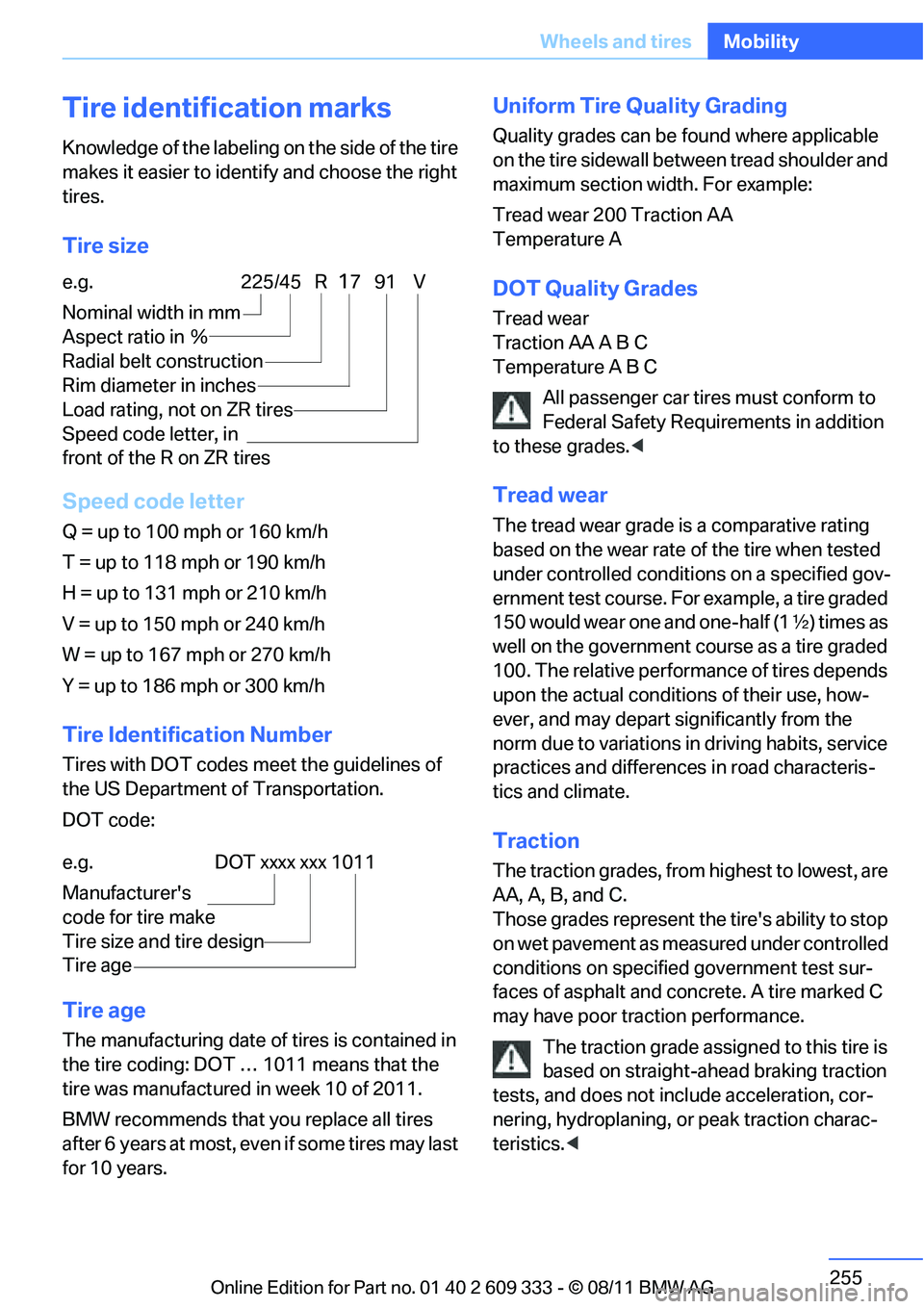 BMW 335IS CONVERTIBLE 2012 Owners Manual 255
Wheels and tires
Mobility
Tire identification marks
Knowledge of the labeling on the side of the tire
makes it easier to identi
fy and choose the right
tires.
Tire size
Speed code letter
Q = up BMW 335IS CONVERTIBLE 2012 Owners Manual 255
Wheels and tires
Mobility
Tire identification marks
Knowledge of the labeling on the side of the tire
makes it easier to identi
fy and choose the right
tires.
Tire size
Speed code letter
Q = up