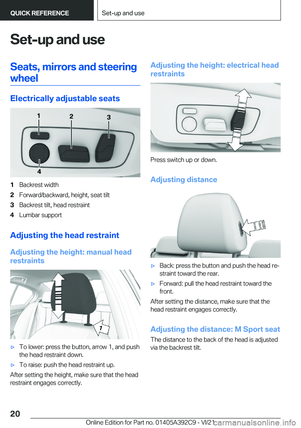 BMW 4 SERIES 2022  Owners Manual �S�e�t�-�u�p��a�n�d��u�s�e�S�e�a�t�s�,��m�i�r�r�o�r�s��a�n�d��s�t�e�e�r�i�n�g�w�h�e�e�l
�E�l�e�c�t�r�i�c�a�l�l�y��a�d�j�u�s�t�a�b�l�e��s�e�a�t�s
�1�B�a�c�k�r�e�s�t��w�i�d�t�h�2�F�o�r�w�a�r�d�/