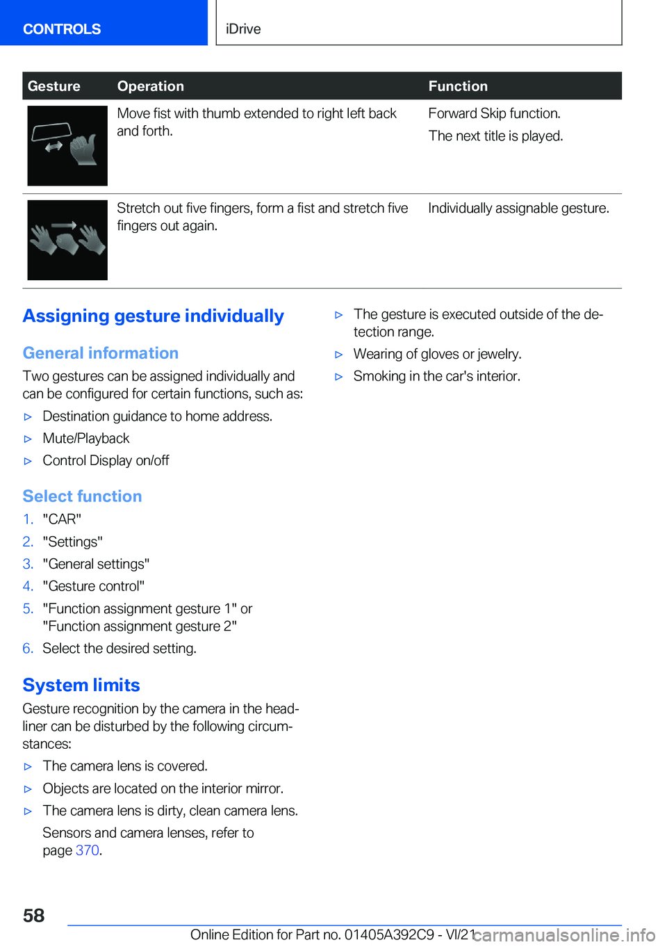 BMW 4 SERIES 2022  Owners Manual �G�e�s�t�u�r�e�O�p�e�r�a�t�i�o�n�F�u�n�c�t�i�o�n�M�o�v�e��f�i�s�t��w�i�t�h��t�h�u�m�b��e�x�t�e�n�d�e�d��t�o��r�i�g�h�t��l�e�f�t��b�a�c�k�a�n�d��f�o�r�t�h�.�F�o�r�w�a�r�d��S�k�i�p��f�u�n�c�t