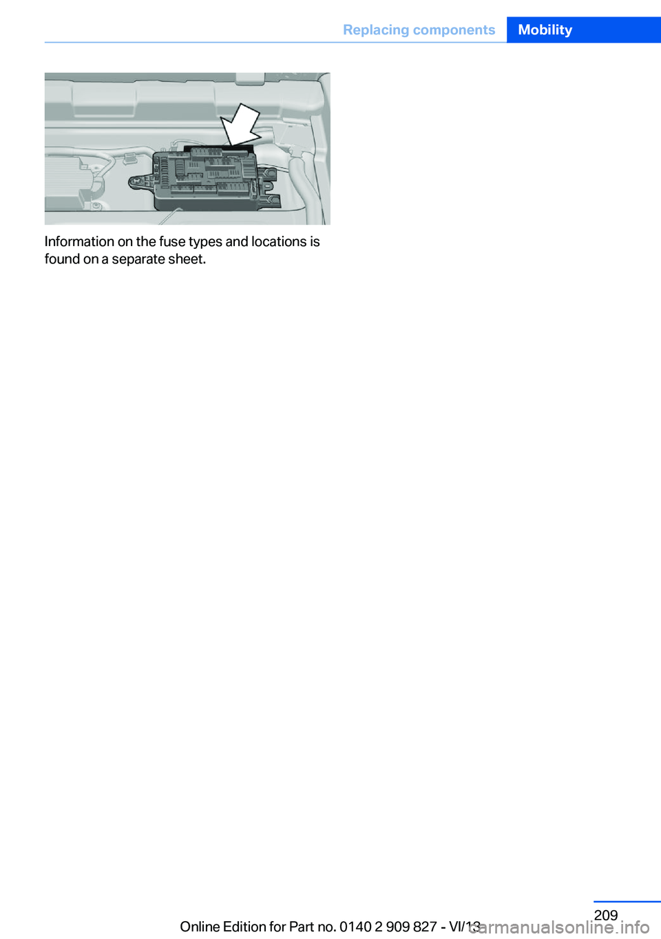 BMW 435I COUPE 2014  Owners Manual Information on the fuse types and locations is
found on a separate sheet.
Seite 209Replacing componentsMobility209
Online Edition for Part no. 0140 2 909 827 - VI/13 
