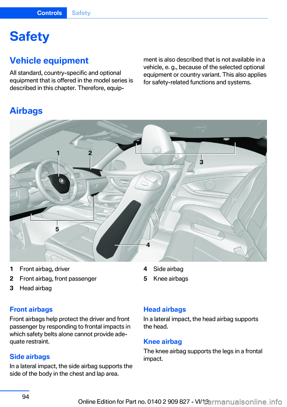 BMW 435I COUPE 2014  Owners Manual SafetyVehicle equipment
All standard, country-specific and optional
equipment that is offered in the model series is
described in this chapter. Therefore, equip‐ment is also described that is not av
