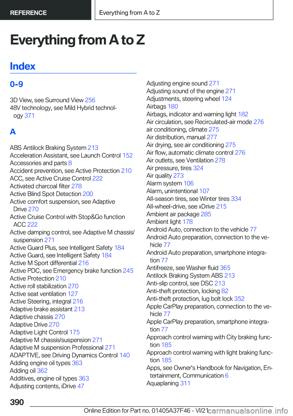 BMW 5 SERIES 2022  Owners Manual �E�v�e�r�y�t�h�i�n�g��f�r�o�m��A��t�o��Z�I�n�d�e�x�0�-�9 �3�D��V�i�e�w�,��s�e�e��S�u�r�r�o�u�n�d��V�i�e�w� �2�5�6�
�4�8�V��t�e�c�h�n�o�l�o�g�y�,��s�e�e��M�i�l�d��H�y�b�r�i�d��t�e�c�h�n�
