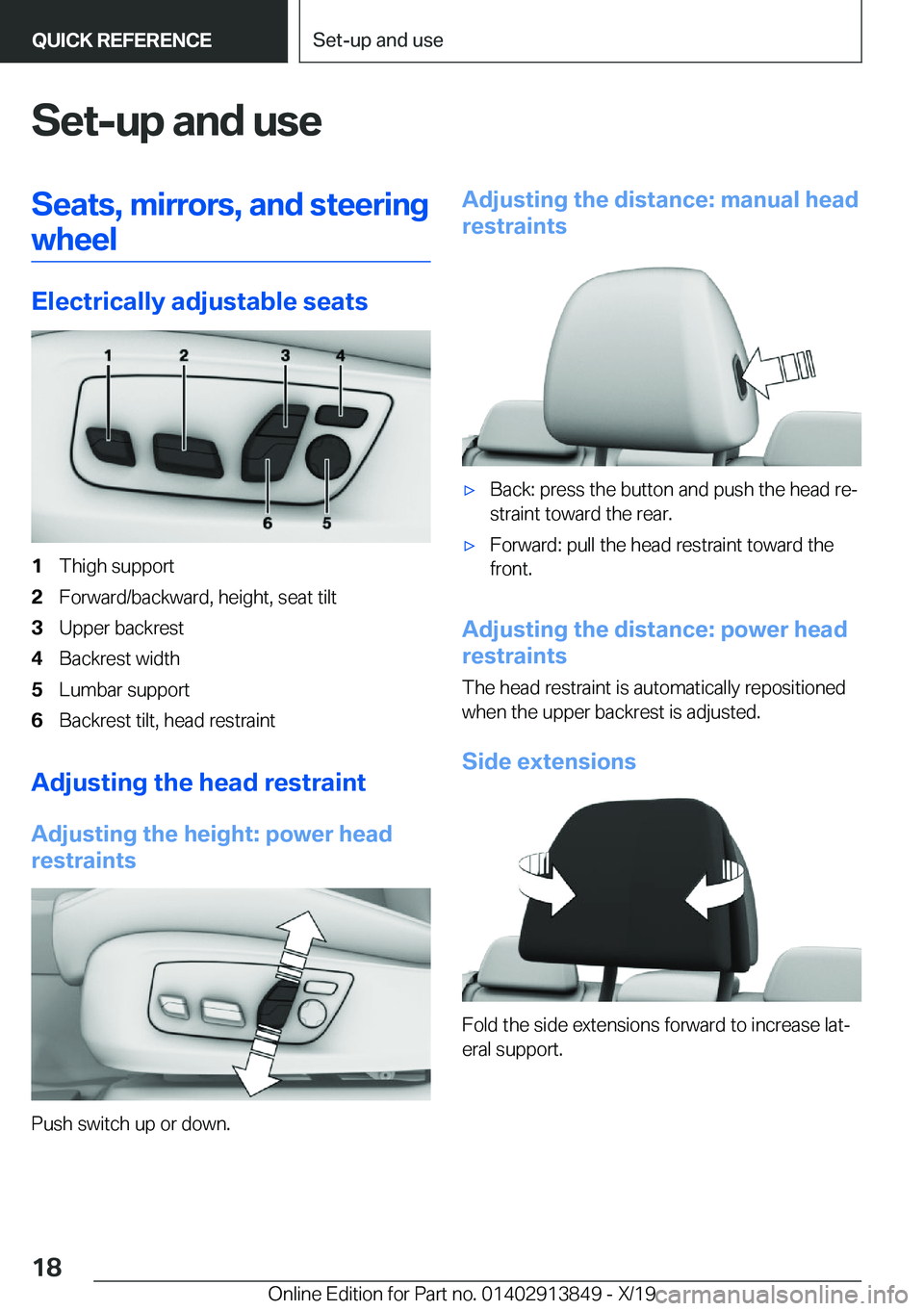 BMW 5 SERIES 2020  Owners Manual �S�e�t�-�u�p��a�n�d��u�s�e�S�e�a�t�s�,��m�i�r�r�o�r�s�,��a�n�d��s�t�e�e�r�i�n�g�w�h�e�e�l
�E�l�e�c�t�r�i�c�a�l�l�y��a�d�j�u�s�t�a�b�l�e��s�e�a�t�s
�1�T�h�i�g�h��s�u�p�p�o�r�t�2�F�o�r�w�a�r�d�/