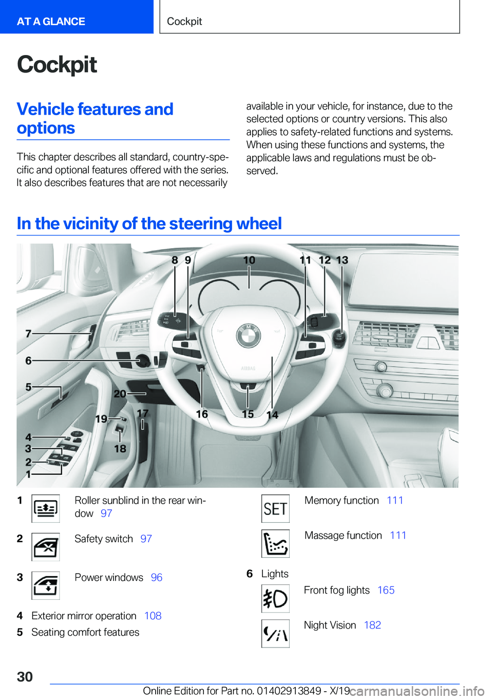 BMW 5 SERIES 2020  Owners Manual �C�o�c�k�p�i�t�V�e�h�i�c�l�e��f�e�a�t�u�r�e�s��a�n�d�o�p�t�i�o�n�s
�T�h�i�s��c�h�a�p�t�e�r��d�e�s�c�r�i�b�e�s��a�l�l��s�t�a�n�d�a�r�d�,��c�o�u�n�t�r�y�-�s�p�e#j�c�i�f�i�c��a�n�d��o�p�t�i�o�n�