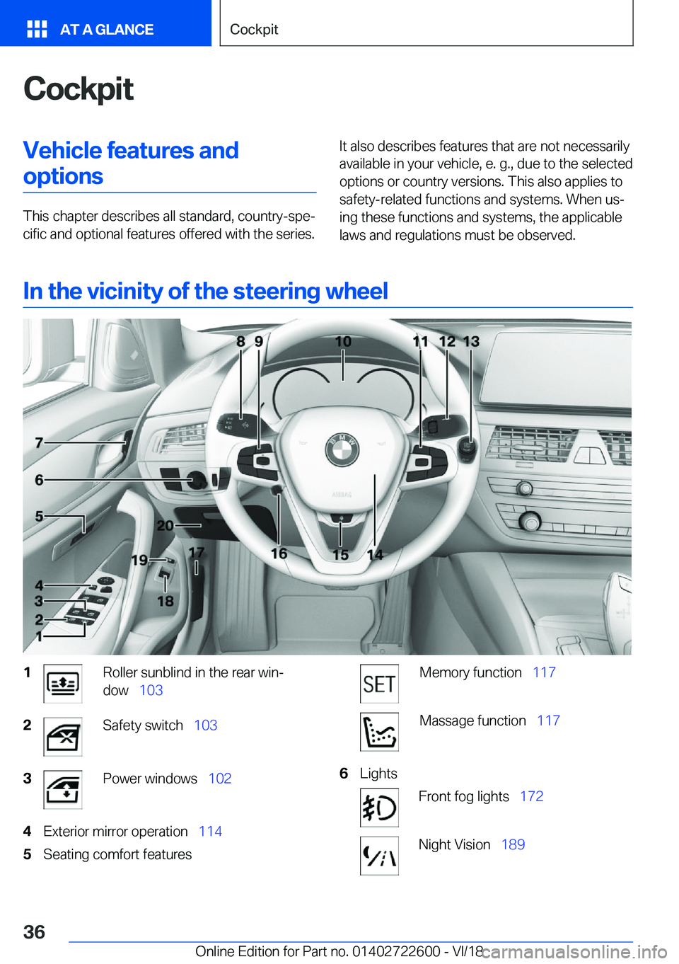 BMW 5 SERIES 2019  Owners Manual �C�o�c�k�p�i�t�V�e�h�i�c�l�e��f�e�a�t�u�r�e�s��a�n�d�o�p�t�i�o�n�s
�T�h�i�s��c�h�a�p�t�e�r��d�e�s�c�r�i�b�e�s��a�l�l��s�t�a�n�d�a�r�d�,��c�o�u�n�t�r�y�-�s�p�ej�c�i�f�i�c��a�n�d��o�p�t�i�o�n�