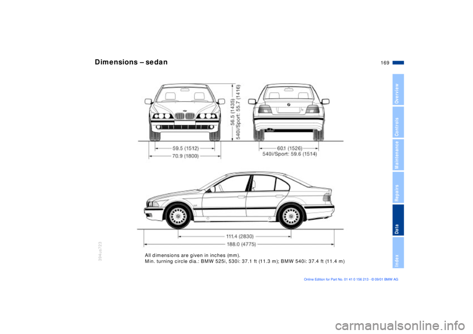 BMW 525I SPORT WAGON 2002  Owners Manual 169n
OverviewControlsMaintenanceRepairsDataIndex
394us723
Dimensions Ð sedan
All dimensions are given in inches (mm).
Min. turning circle dia.: BMW 525i, 530i: 37.1 ft (11.3 m); BMW 540i: 37.4 ft (11