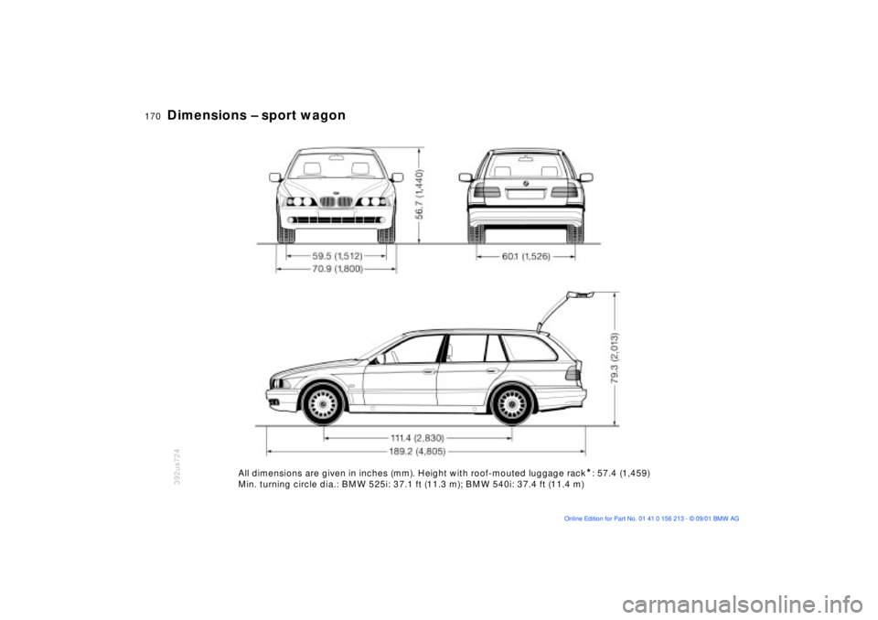 BMW 525I SPORT WAGON 2002  Owners Manual 170n
Dimensions Ð sport wagon
392us724
All dimensions are given in inches (mm). Height with roof-mouted luggage rack
*: 57.4 (1,459)
Min. turning circle dia.: BMW 525i: 37.1 ft (11.3 m); BMW 540i: 37