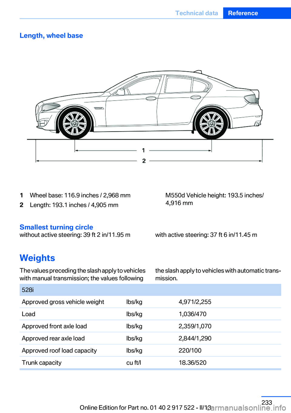 BMW 528I 2013  Owners Manual Length, wheel base1Wheel base: 116.9 inches / 2,968 mm2Length: 193.1 inches / 4,905 mmM550d Vehicle height: 193.5 inches/
4,916 mm
Smallest turning circle
without active steering: 39 ft 2 in/11.95 mwi