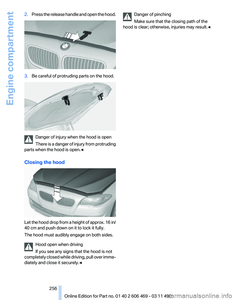 BMW 528I SEDAN 2011  Owners Manual 2.
Press the release handle and open the hood. 3.
Be careful of protruding parts on the hood. Danger of injury when the hood is open
There 
is a danger of injury from protruding
parts when the hood is