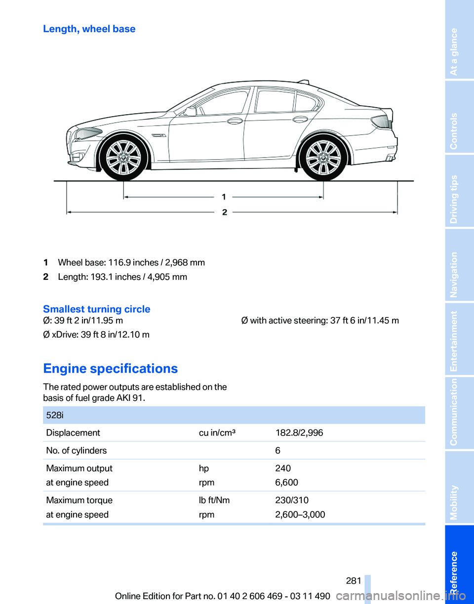 BMW 528I SEDAN 2011  Owners Manual Length, wheel base
1
Wheel base: 116.9 inches / 2,968 mm
2 Length: 193.1 inches / 4,905 mm
Smallest turning circle
Ø: 39 ft 2 in/11.95 m
Ø xDrive: 39 ft 8 in/12.10 m Ø with active steering: 37 ft 6