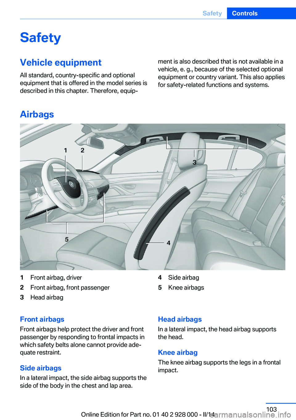 BMW 528I XDRIVE 2014  Owners Manual SafetyVehicle equipment
All standard, country-specific and optional
equipment that is offered in the model series is
described in this chapter. Therefore, equip‐ment is also described that is not av