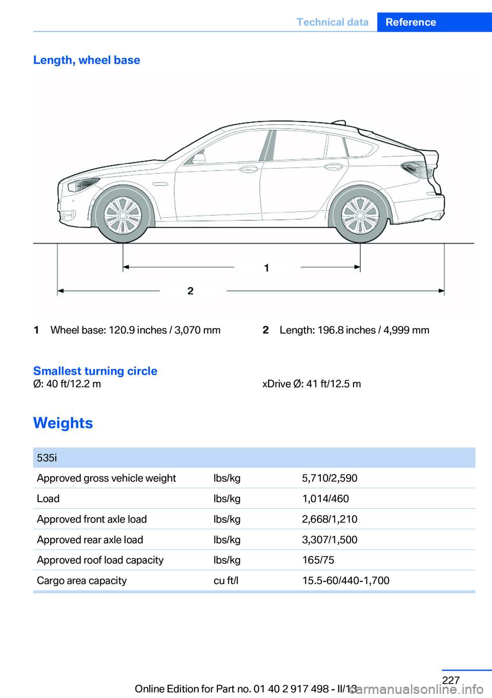 BMW 535I GRAN TURISMO 2013  Owners Manual Length, wheel base1Wheel base: 120.9 inches / 3,070 mm2Length: 196.8 inches / 4,999 mm
Smallest turning circle
Ø: 40 ft/12.2 mxDrive Ø: 41 ft/12.5 m
Weights
 
535iApproved gross vehicle weightlbs/kg