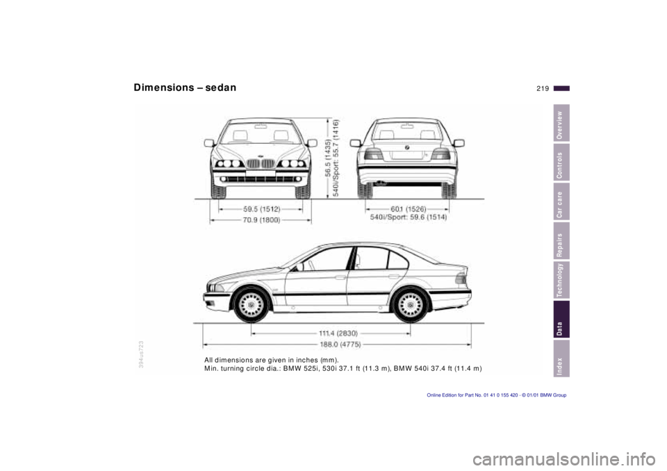 BMW 540I SEDAN 2001  Owners Manual Index
Data
Technology
Repairs
Car care
Controls
Overview
219n
394us723
Dimensions – sedan
All dimensions are given in inches (mm). 
Min. turning circle dia.: BMW 525i, 530i 37.1 ft (11.3 m), BMW 540