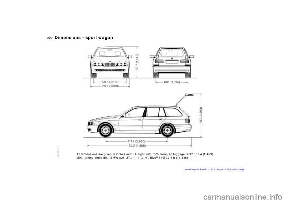 BMW 540I SEDAN 2001  Owners Manual 220nDimensions – sport wagon
392us724All dimensions are given in inches (mm). Height with roof-mounted lugg\
age rack*: 57.4 (1,459)
Min. turning circle dia.: BMW 525i 37.1 ft (11.3 m), BMW 540i 37.