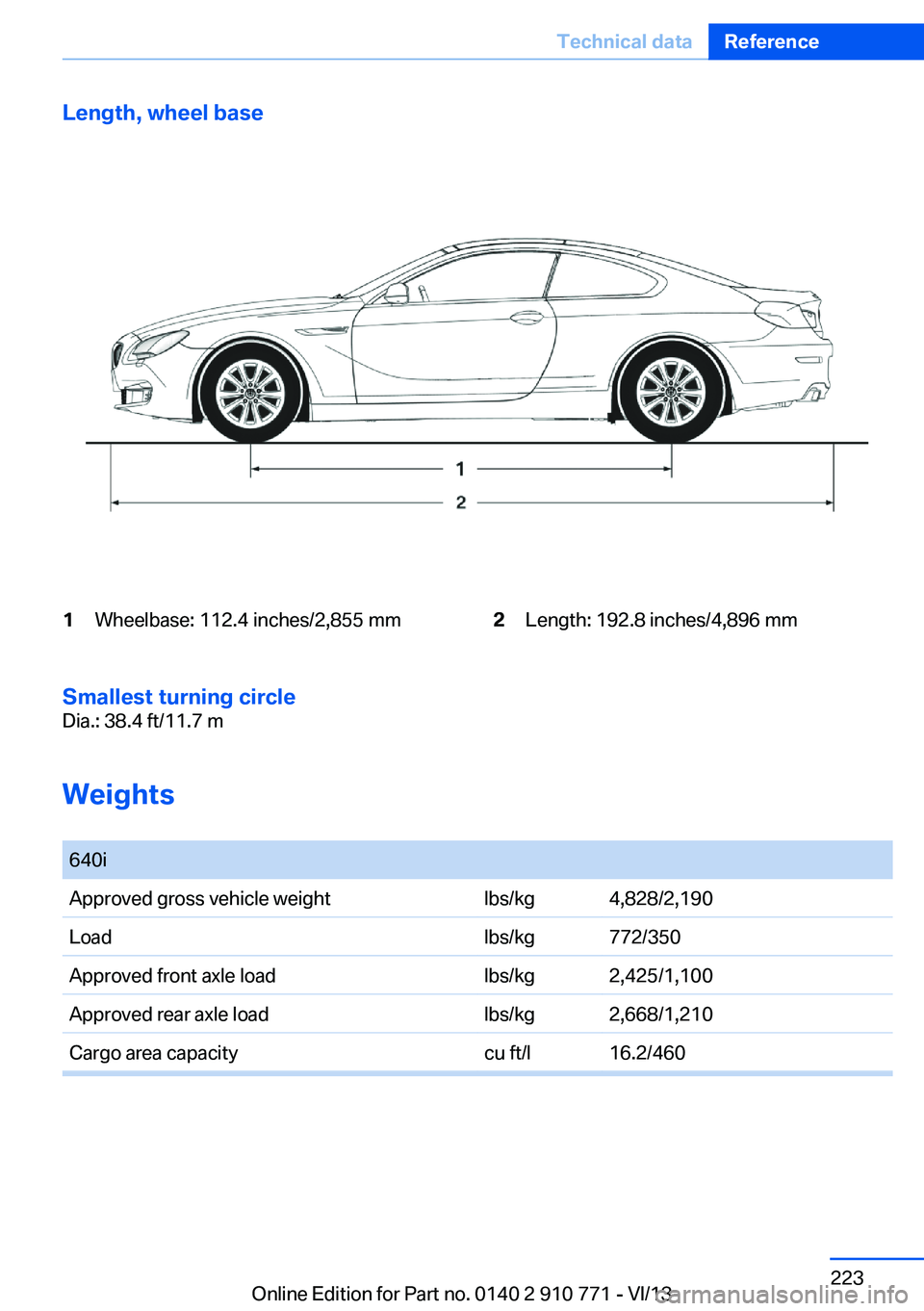 BMW 640I COUPE 2014  Owners Manual Length, wheel base1Wheelbase: 112.4 inches/2,855 mm2Length: 192.8 inches/4,896 mm
Smallest turning circle
Dia.: 38.4 ft/11.7 m
Weights
 
640iApproved gross vehicle weightlbs/kg4,828/2,190Loadlbs/kg772