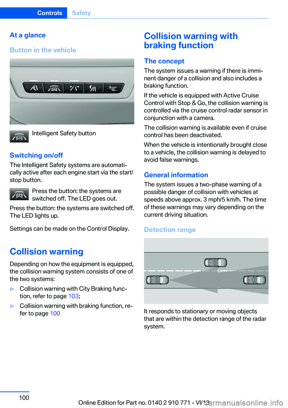 BMW 640I COUPE 2014  Owners Manual At a glance
Button in the vehicle
Intelligent Safety button
Switching on/off The Intelligent Safety systems are automati‐
cally active after each engine start via the start/
stop button.
Press the b