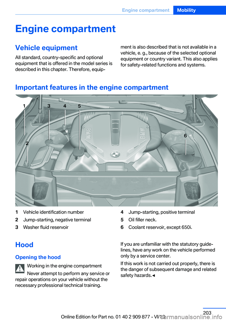 BMW 640I GRAN COUPE 2014  Owners Manual Engine compartmentVehicle equipmentAll standard, country-specific and optional
equipment that is offered in the model series is
described in this chapter. Therefore, equip‐ment is also described tha