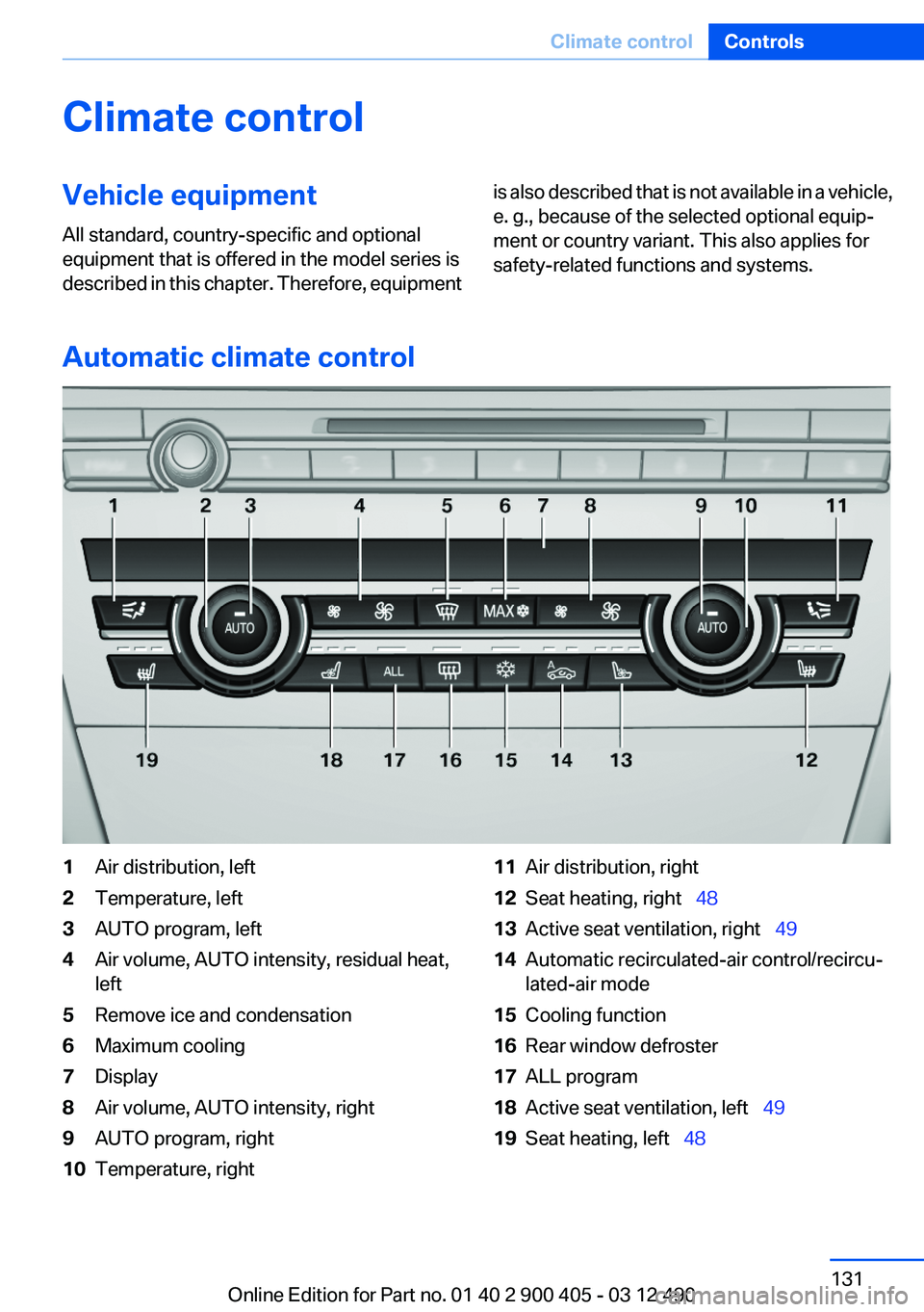 BMW 640I GRAN COUPE 2013  Owners Manual Climate controlVehicle equipment
All standard, country-specific and optional
equipment that is offered in the model series is
described in this chapter. Therefore, equipmentis also described that is n