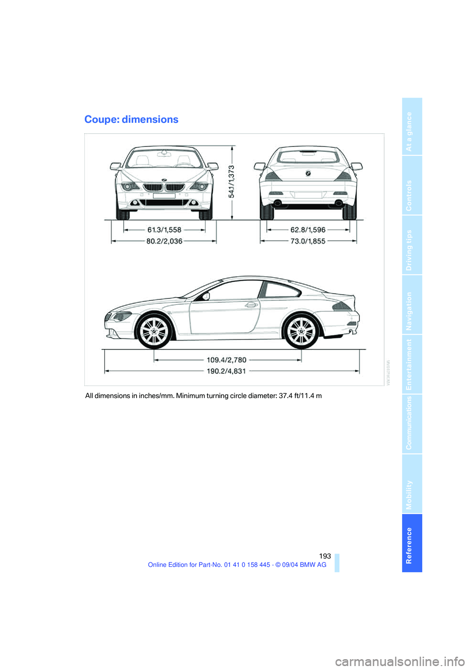 BMW 645CI CONVERTIBLE 2005  Owners Manual Reference 193
At a glance
Controls
Driving tips
Communications
Navigation
Entertainment
Mobility
Coupe: dimensions
All dimensions in inches/mm. Minimum turning circle diameter: 37.4 ft/11.4 m 
