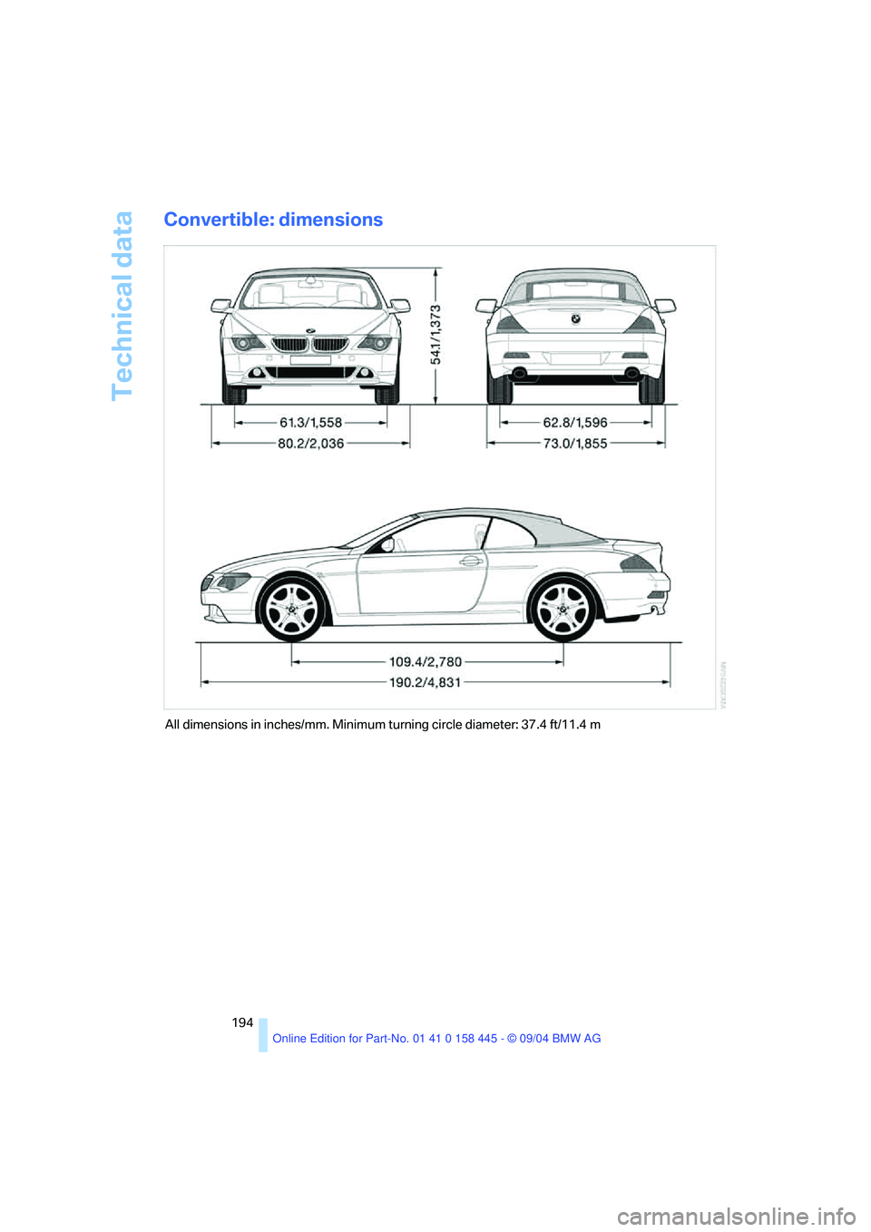 BMW 645CI CONVERTIBLE 2005  Owners Manual Technical data
194
Convertible: dimensions
All dimensions in inches/mm. Minimum turning circle diameter: 37.4 ft/11.4 m 